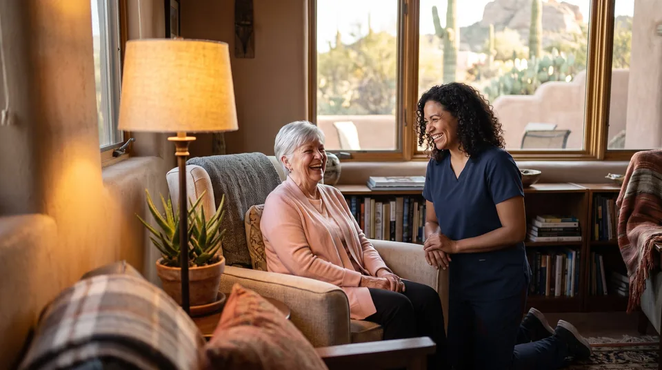 A smiling caregiver in navy scrubs kneels beside an older woman in a blush cardigan as they laugh together in her living room