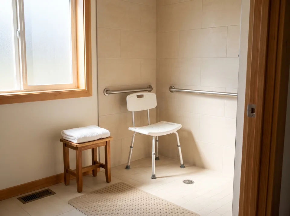 A clean accessible bathroom with a shower chair, grab bars and a folded towel