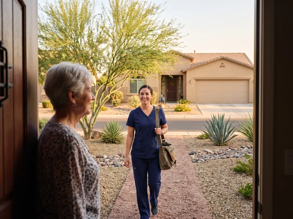 A smiling caregiver walks up the desert-landscaped path to a stucco home where an older woman waits at the door
