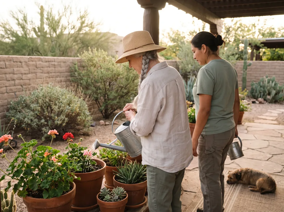 An older woman in a sun hat waters potted plants on her patio with a caregiver beside her