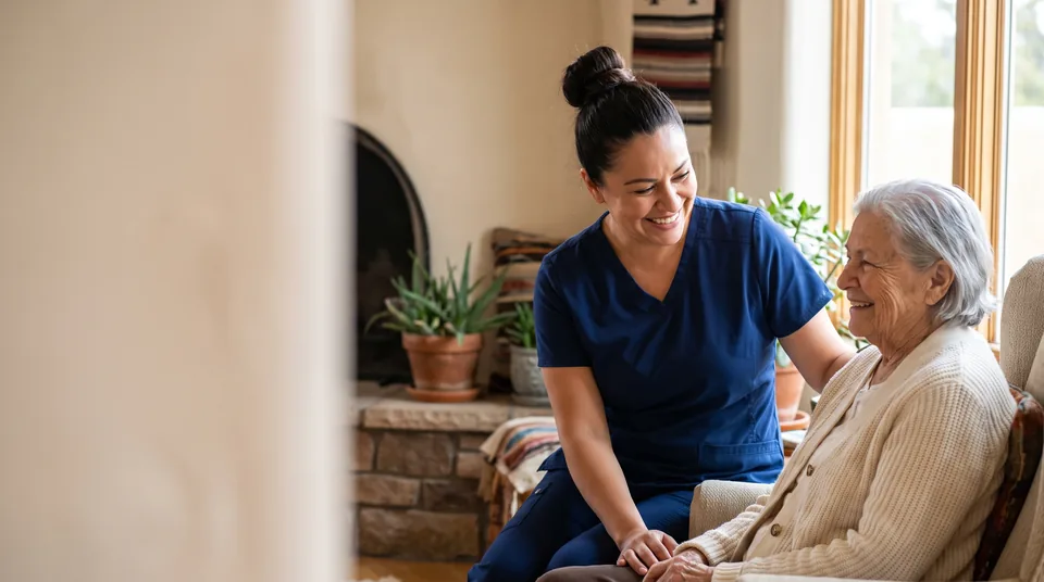 A smiling caregiver in navy scrubs leans in beside a delighted older woman in her armchair