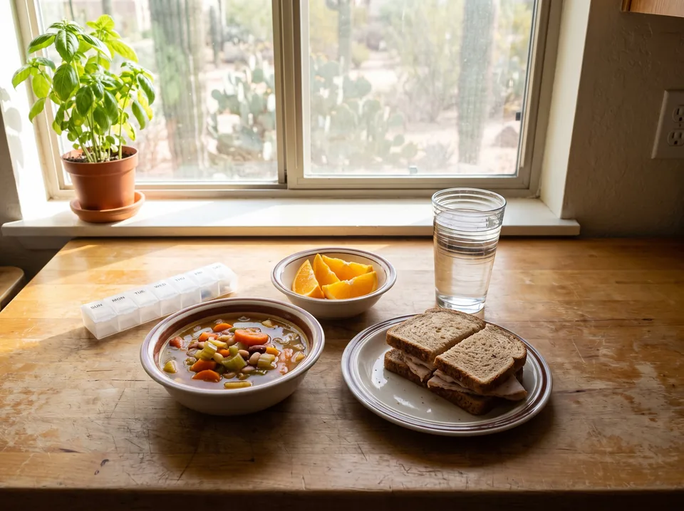 A simple home-cooked lunch of soup, half a sandwich and sliced oranges on a kitchen counter