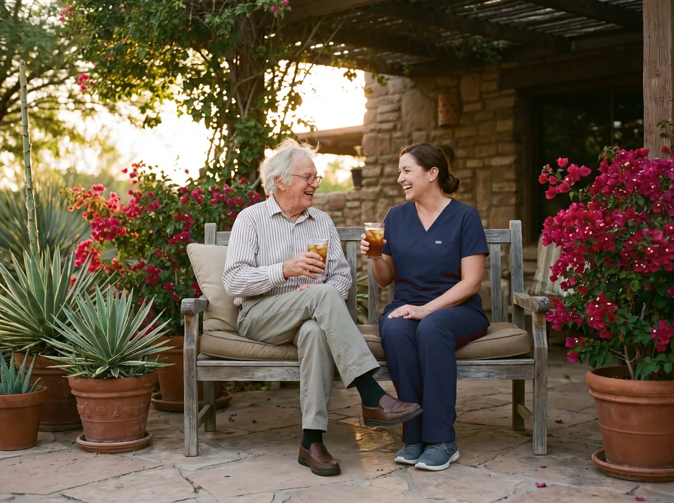 A smiling caregiver in navy scrubs laughs with an older man over iced tea on a shaded Arizona patio