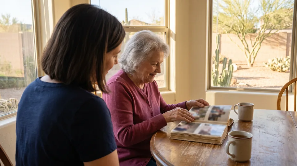 A caregiver sits beside an older woman turning the pages of a photo album at her kitchen table