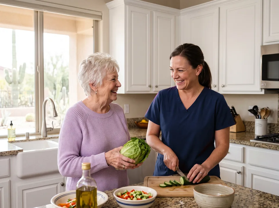 A caregiver in navy scrubs and an older woman make a salad together at the kitchen counter