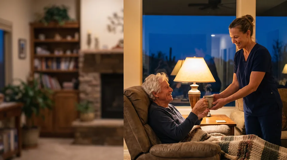 In a lamplit living room at night, a caregiver in navy scrubs hands a mug of tea to an older man resting in his recliner