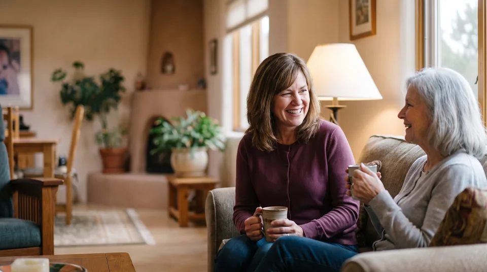 A woman in a plum cardigan and an older woman share coffee and a laugh on a living room sofa