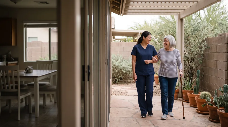 A caregiver in navy scrubs walks arm in arm with an older woman using a cane on a shaded back patio