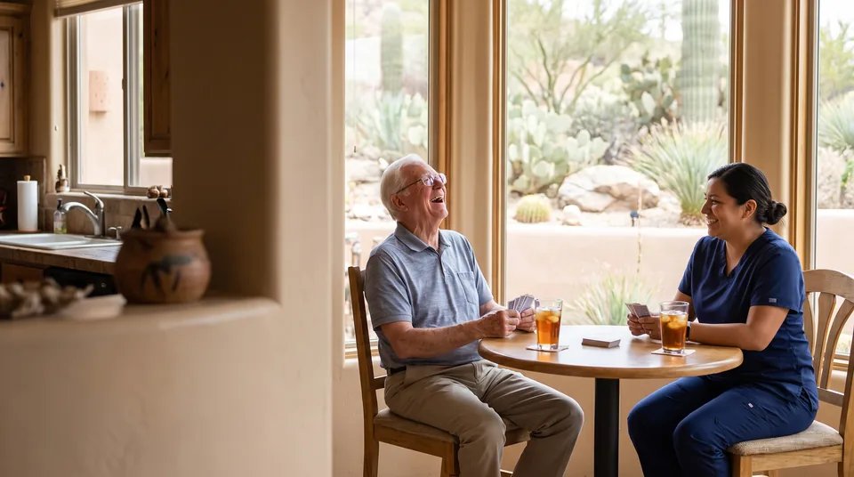 An older man with glasses laughs over a game of cards with a caregiver in navy scrubs at a sunny breakfast table