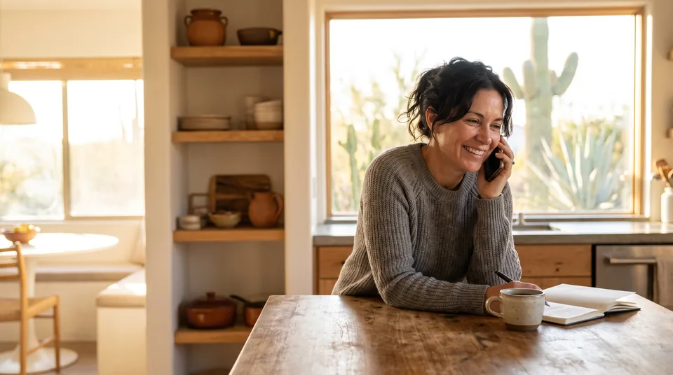 A smiling woman in a gray sweater talks on the phone at her kitchen counter, a notebook and coffee beside her