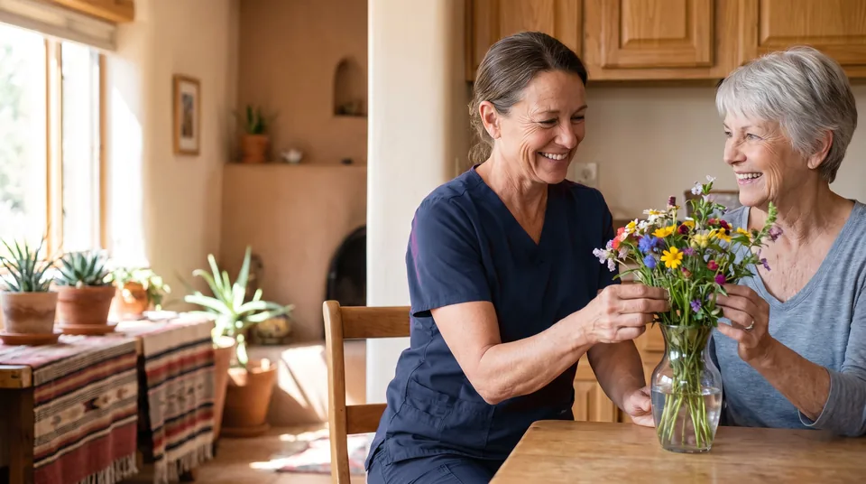 A caregiver in navy scrubs and an older woman smile as they arrange fresh flowers in a vase at the kitchen table