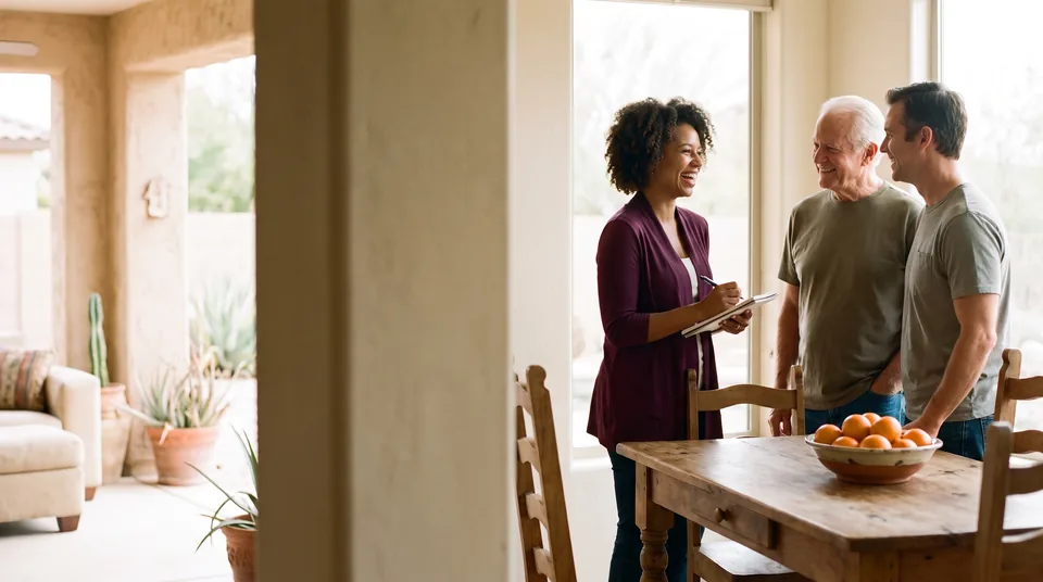 A woman with a notebook talks with an older man and a younger man by a dining table