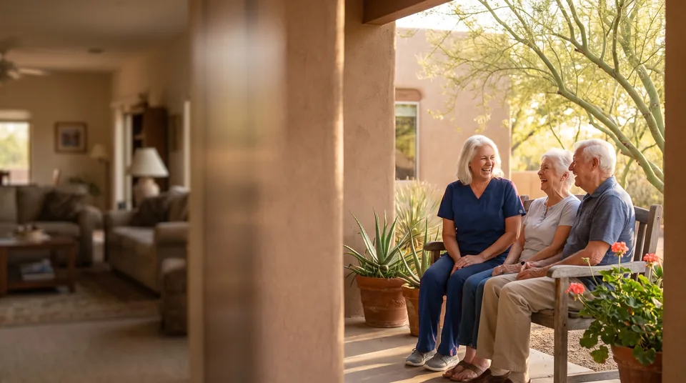 A caregiver in navy scrubs laughs with an older couple on a bench on their shaded front porch