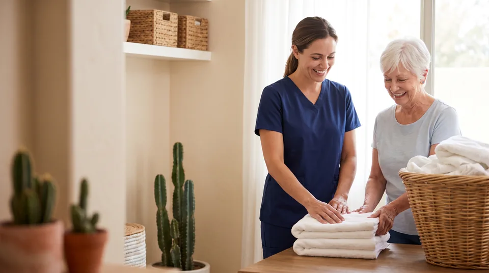 A caregiver in navy scrubs and an older woman fold fresh white towels together beside a laundry basket