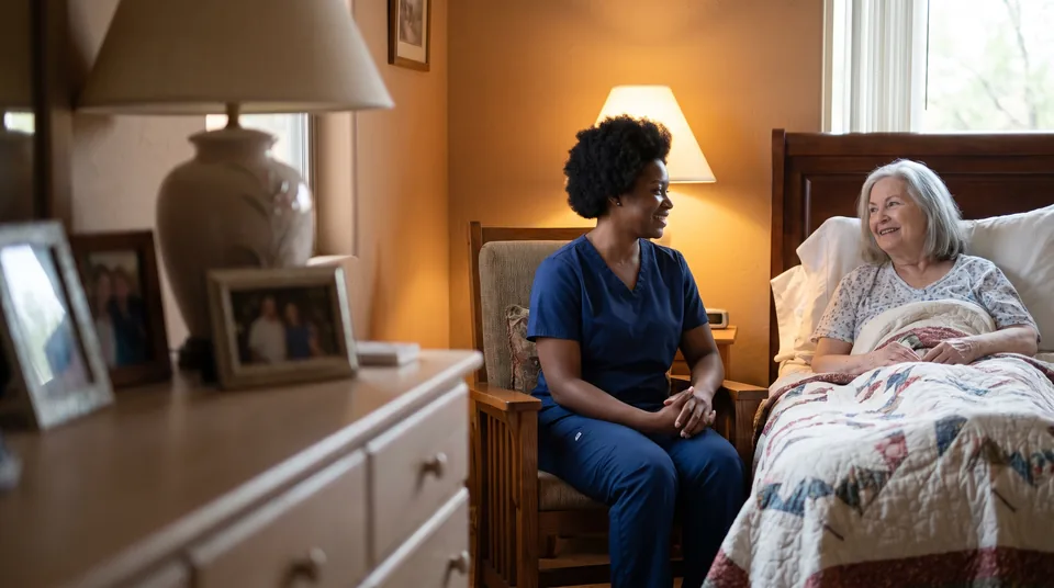 A caregiver in navy scrubs sits beside an older woman resting in her own bed under a quilt, the two sharing a quiet smile