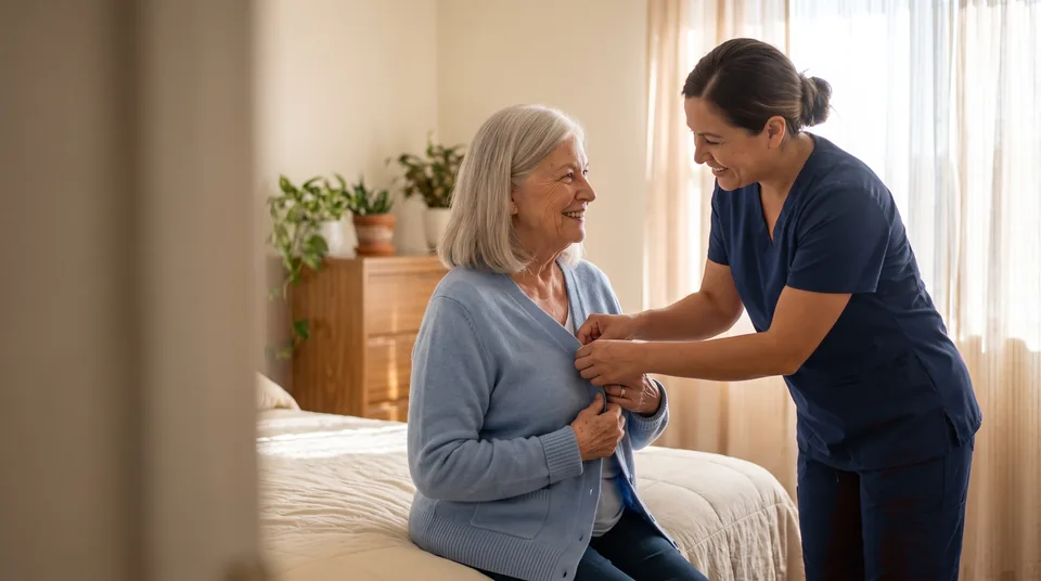 A smiling caregiver in navy scrubs helps an older woman button her blue cardigan as she sits on the edge of her bed