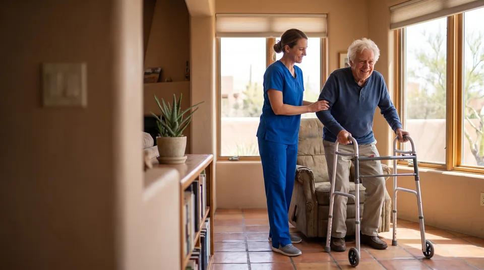 A caregiver in blue scrubs steadies an older man as he stands from his armchair with a walker