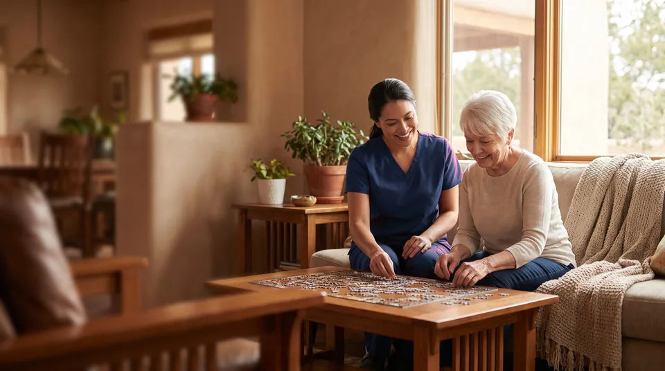 A caregiver in navy scrubs and an older woman work on a jigsaw puzzle together at a living room coffee table
