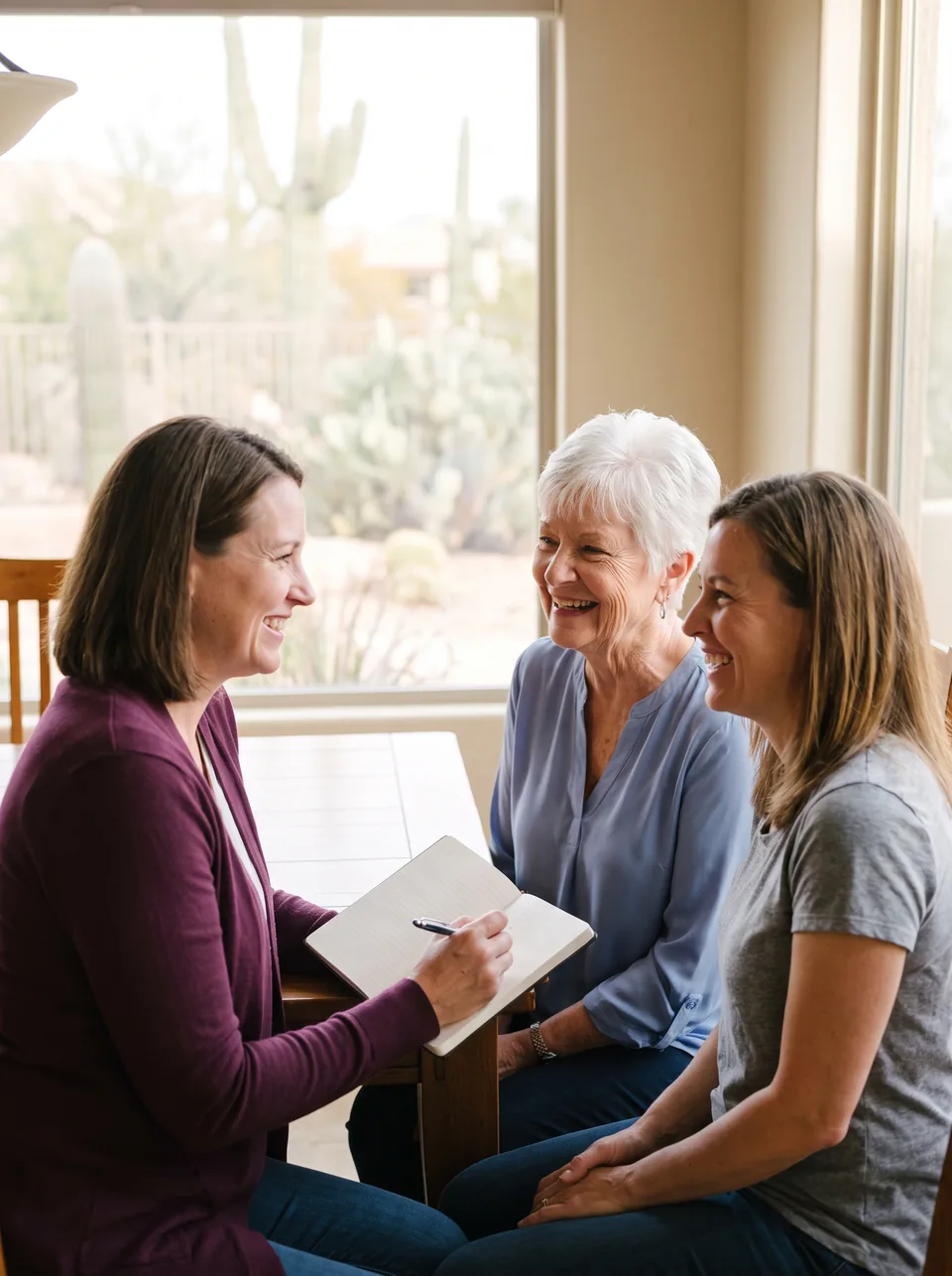 A woman with a notebook talks with an older woman and a younger woman at their dining table