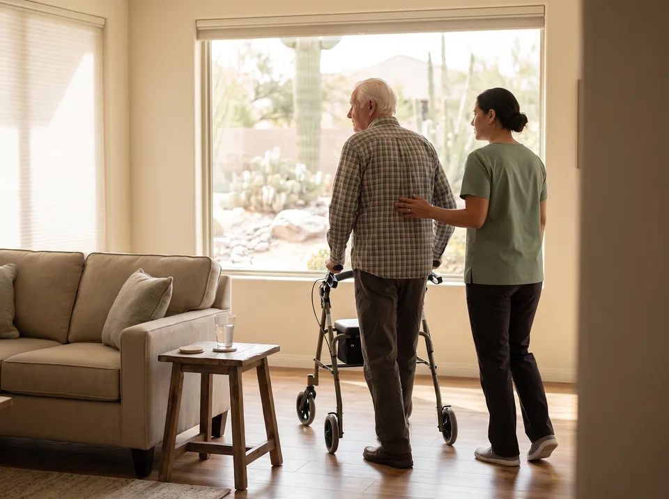 An older man with a walker crosses his living room toward a sunny window with a caregiver beside him