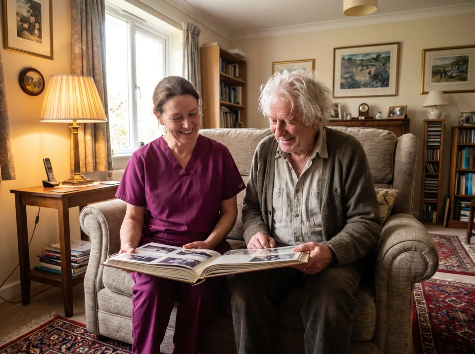 A caregiver and an older man smile over a photo album on the sofa