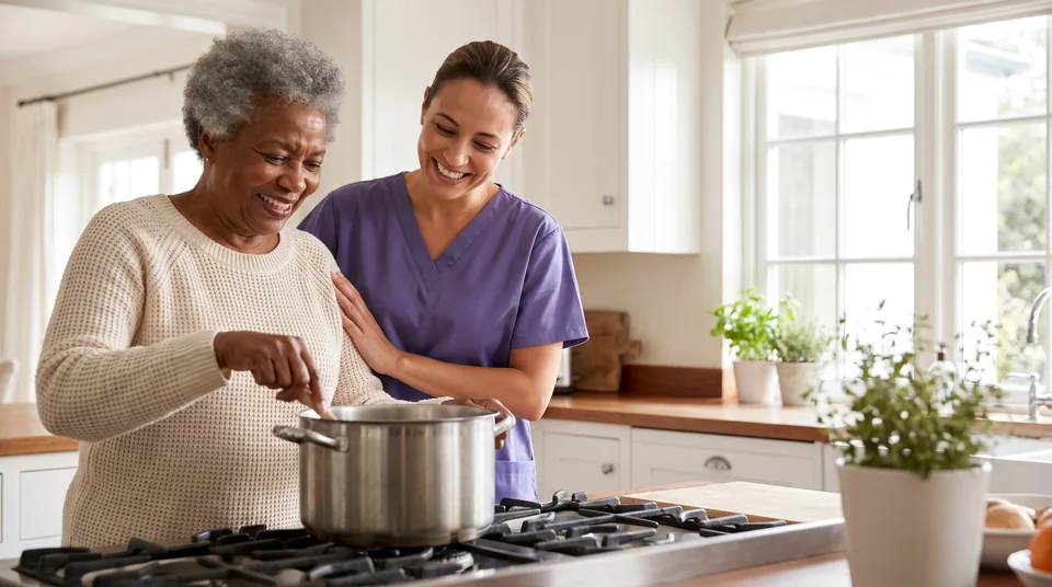 An older woman stirs a pot on the stove while a smiling caregiver helps beside her