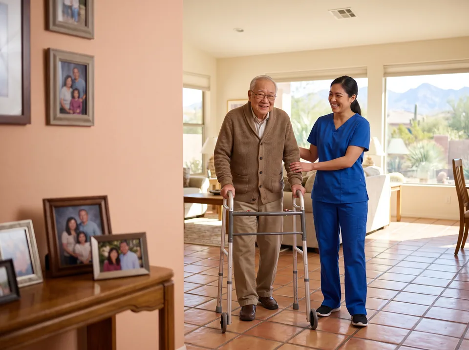 An older man walks with his walker through his sunny living room as a smiling caregiver walks beside him