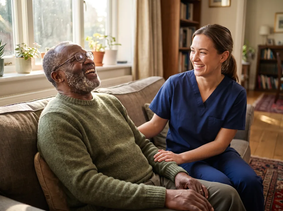 An older man in a green sweater laughs with a smiling caregiver on his living room sofa